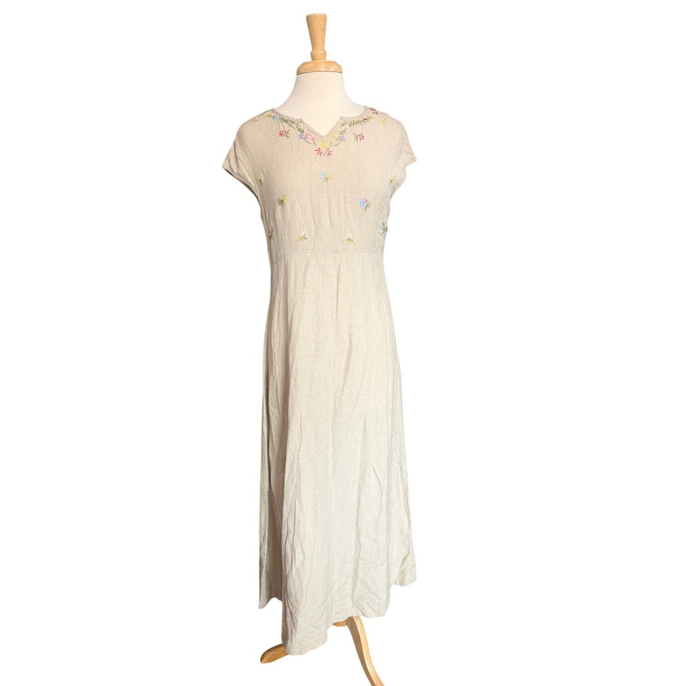 Club Newport Vintage Embroidered Linen Blend Maxi Dress Cottagecore Womens 12